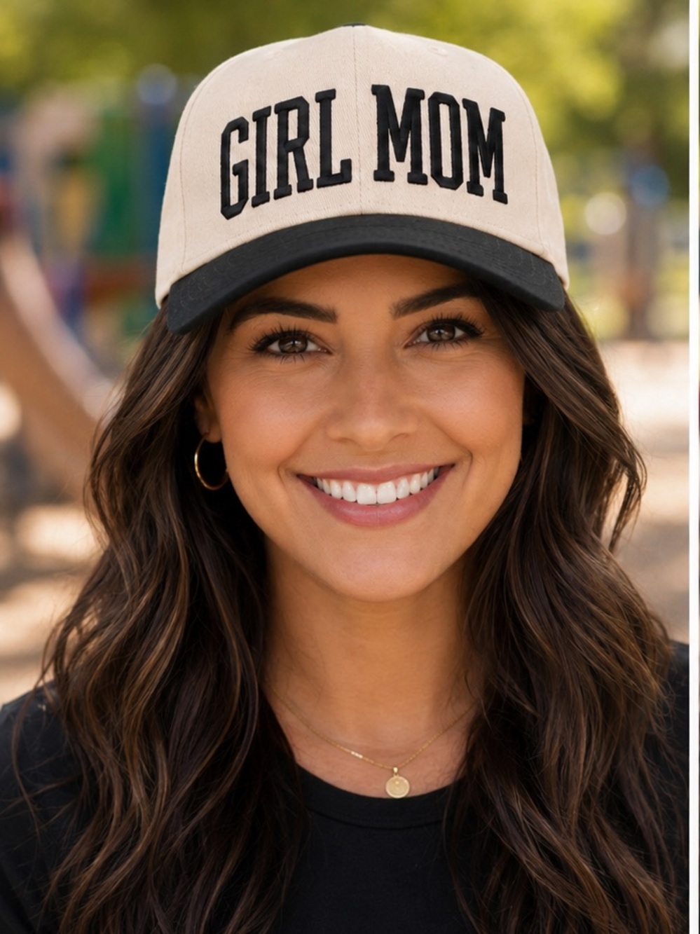 🆕 GIRL MOM Beige & Black Snapback Trucker Style Hat Adjustable